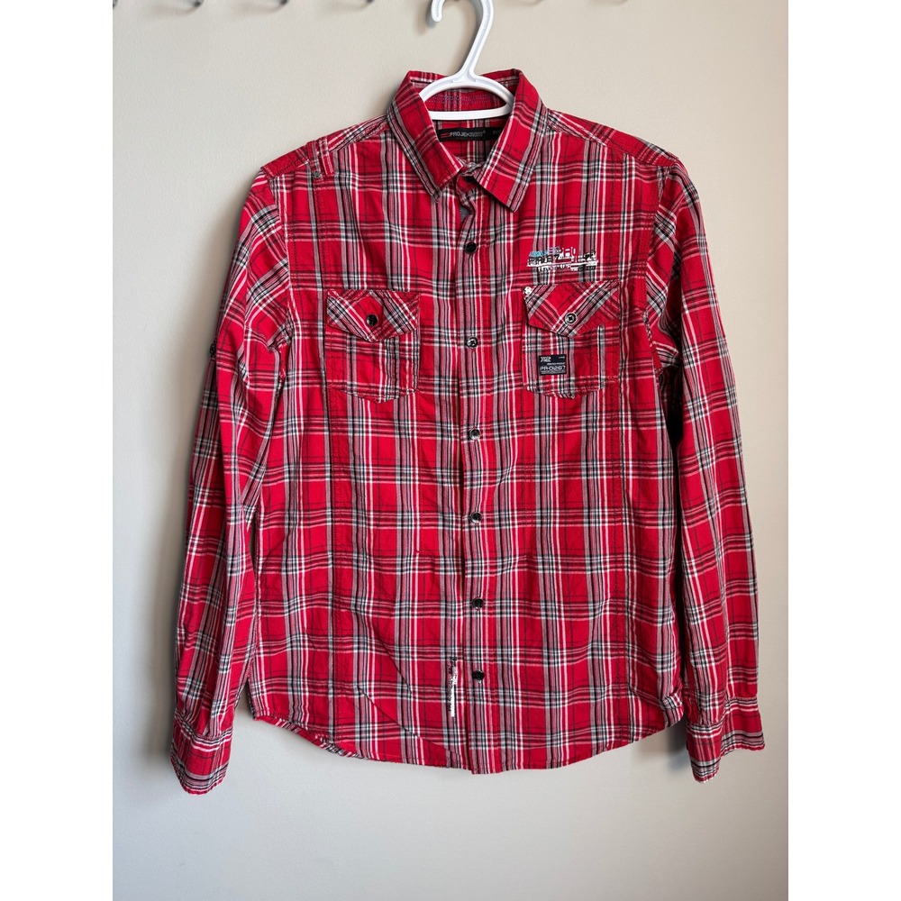 Projek Raw Mens Red Plaid Long Sleeve Button Up Shirt Epaulettes S Grunge‎ Y2K